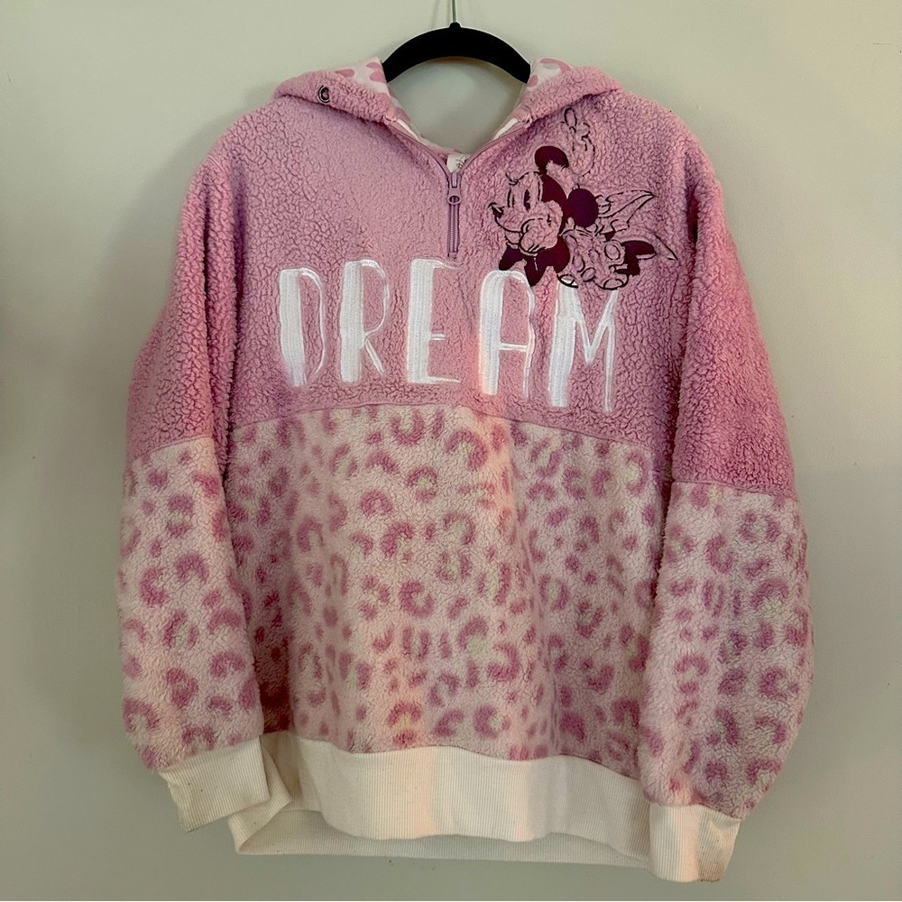 Disney Minnie Mouse Lavender Pink Leopard Print Teddy Pullover Park Wear XS
